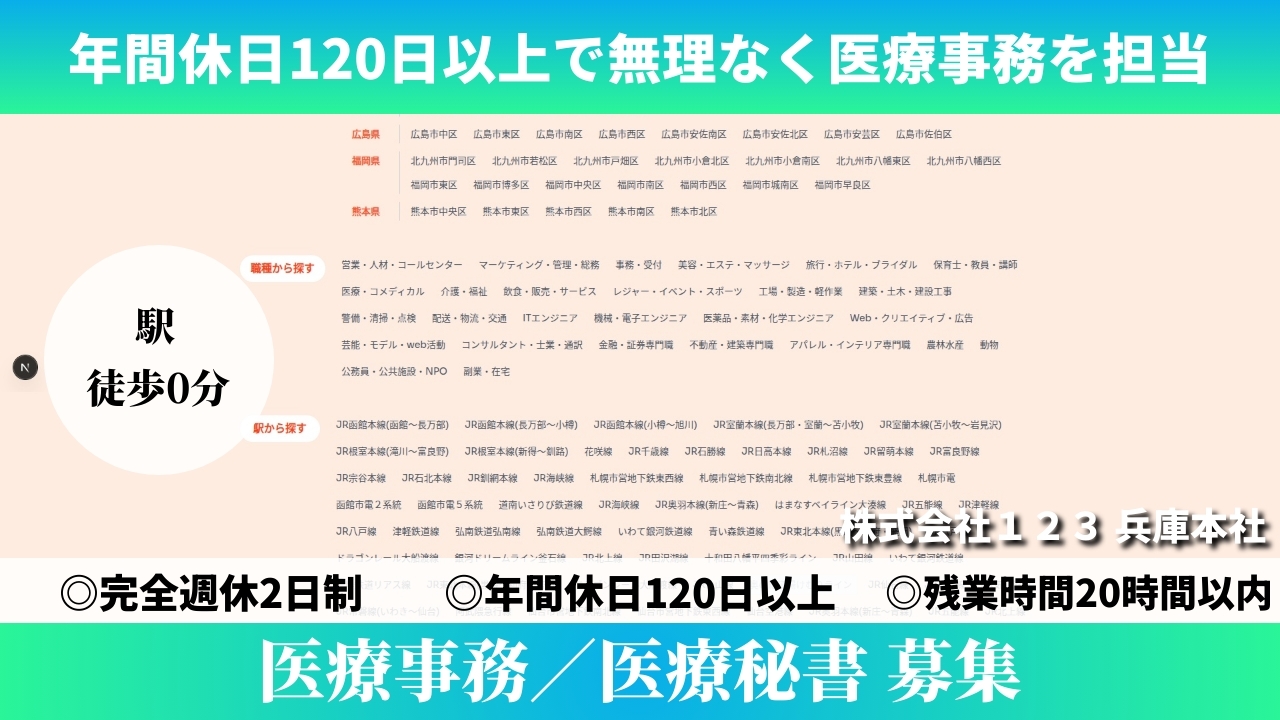 医療事務／医療秘書 - 株式会社１２３ (HYBRID) の求人画像